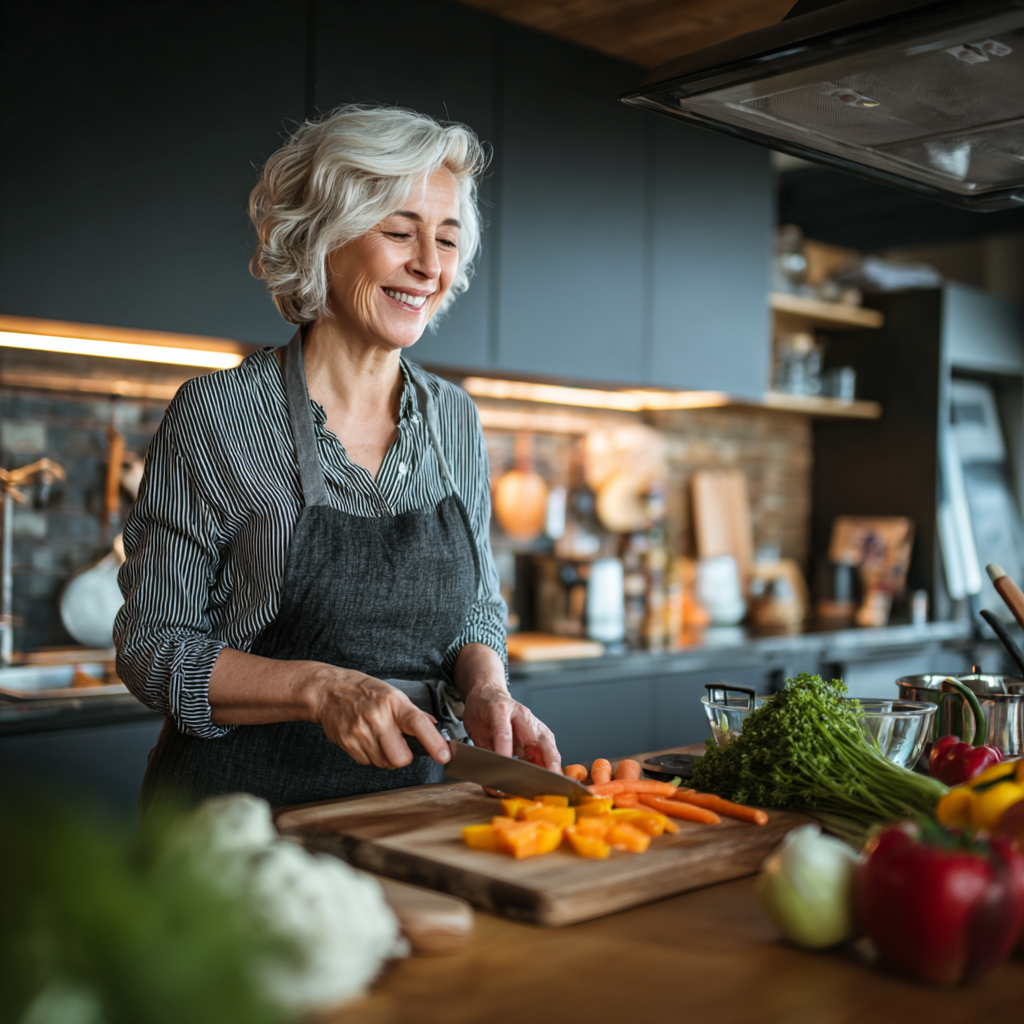 Šťastná slovenská rodina pripravuje zdravý obed v modernej kuchyni, usmieva sa pri spoločnom varení